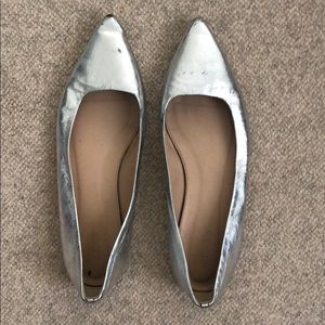 J. Crew Metallic Silver pointy toe flats. So 10.5